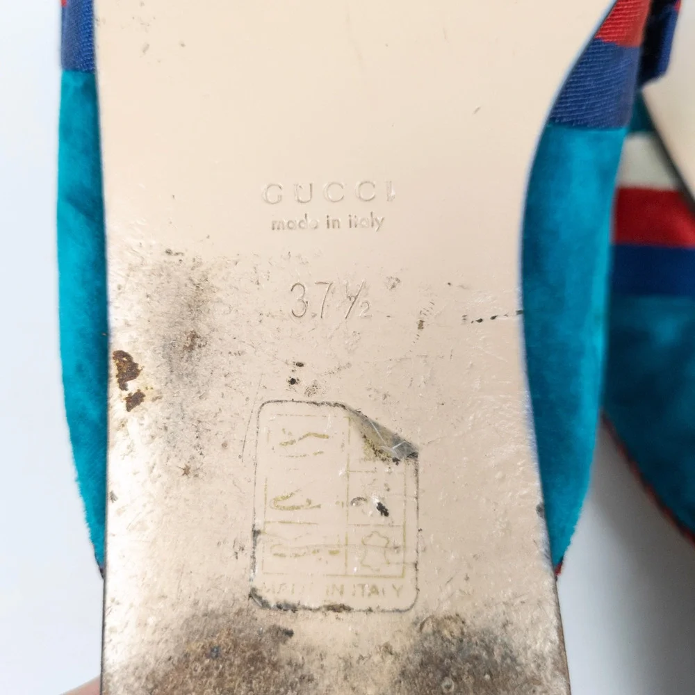 GUCCI Sylvie Bow Velvet Mule Flat Slippers in Pavone Red Blue Women's EU 37.5 - Picture 11 of 11